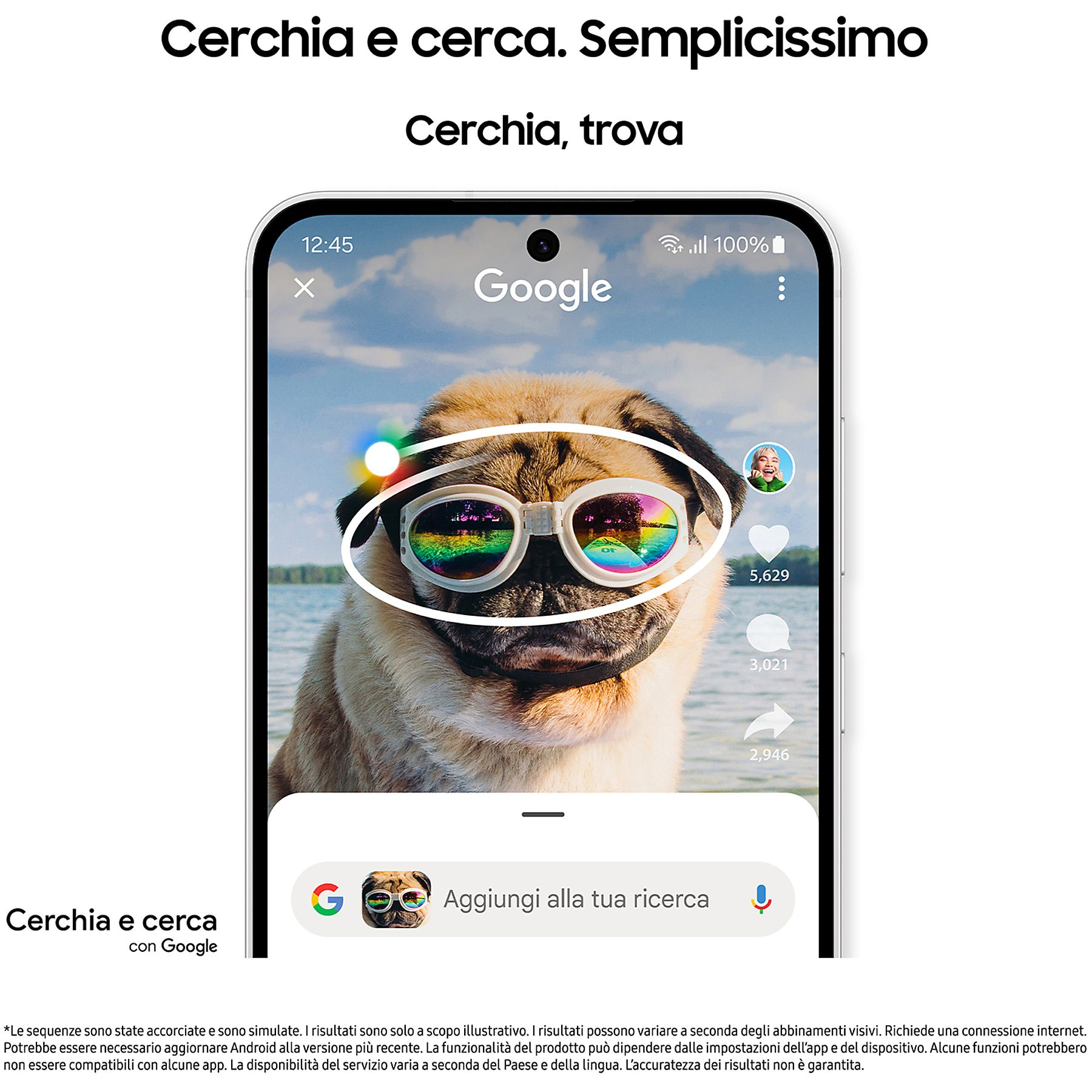 Ekran telefonu z interfejsem wyszukiwania Google, pokazujący mopsa w okularach przeciwsłonecznych.