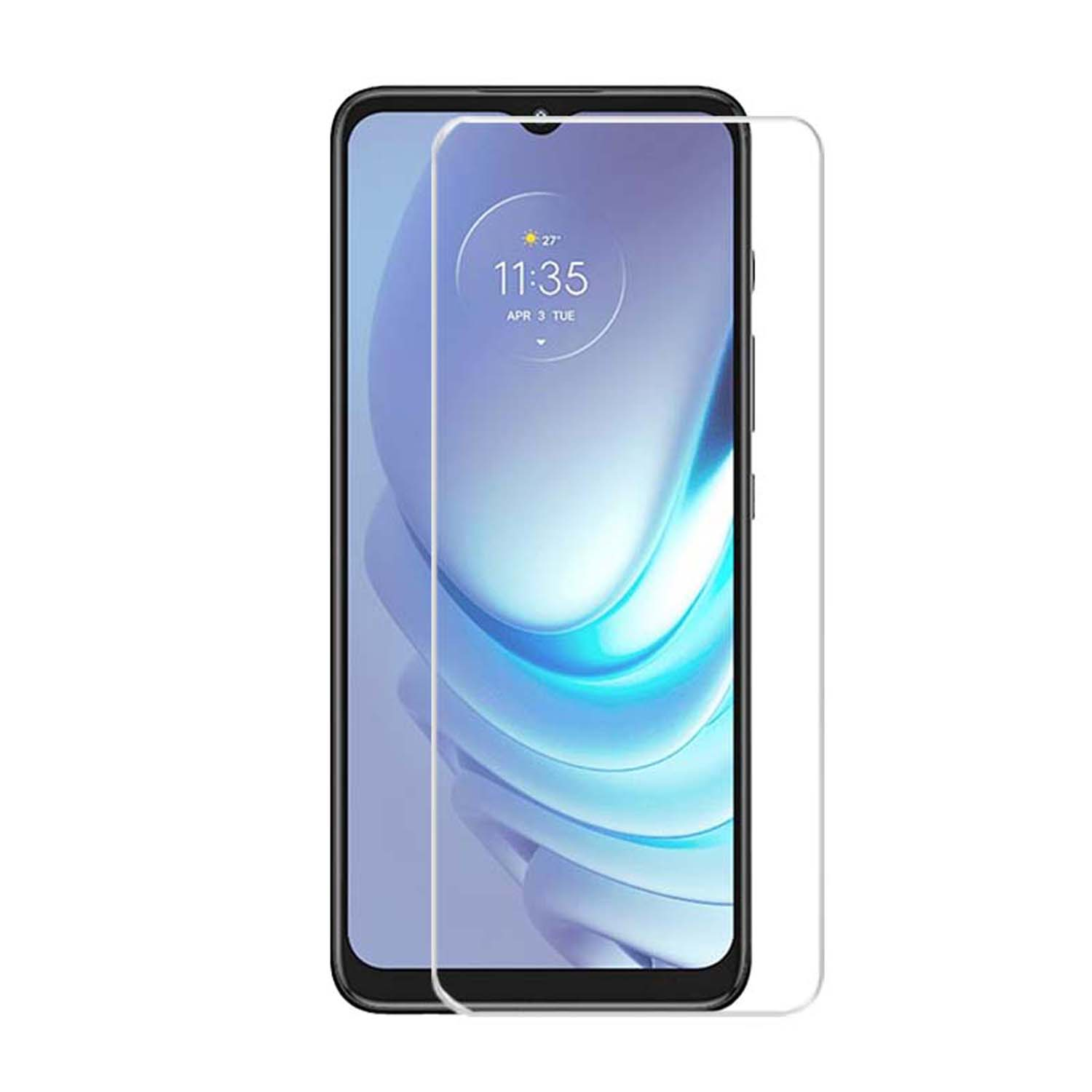 Téléphone avec protecteur d'écran installé. Le téléphone affiche l'heure, sur fond blanc.
