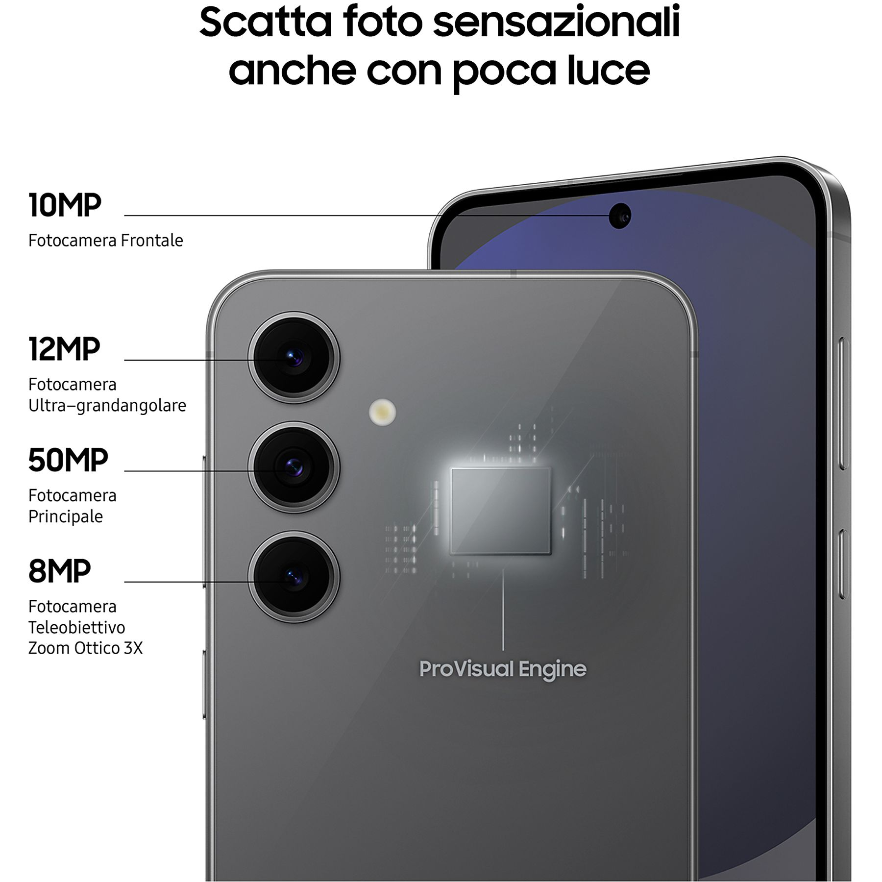Widok z tyłu smartfona ze specyfikacją aparatu i tekstem 'ProVisual Engine'.