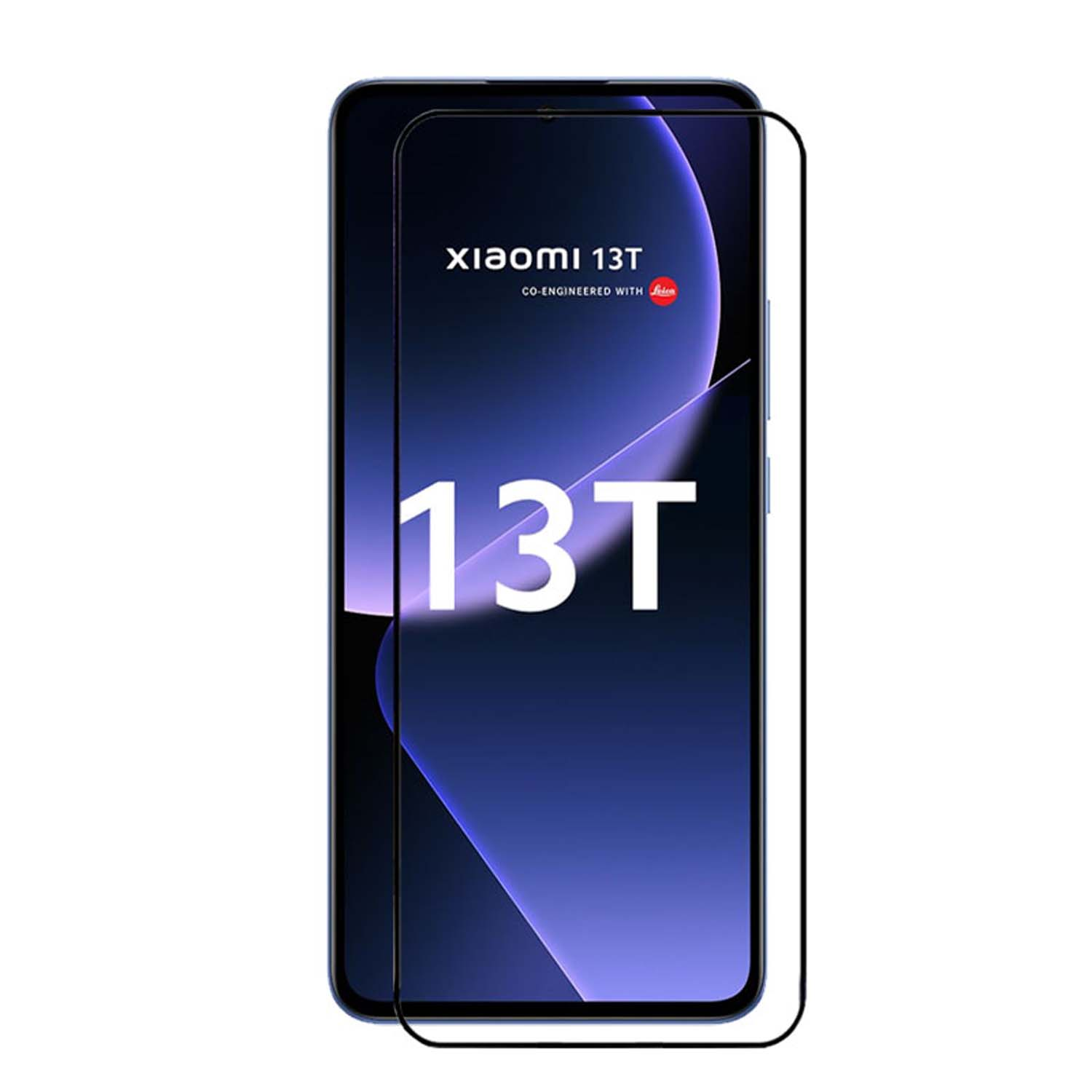 Een telefoon met een schermbeschermer. Het scherm heeft de tekst 'xiaomi 13T' en een abstract paars ontwerp.