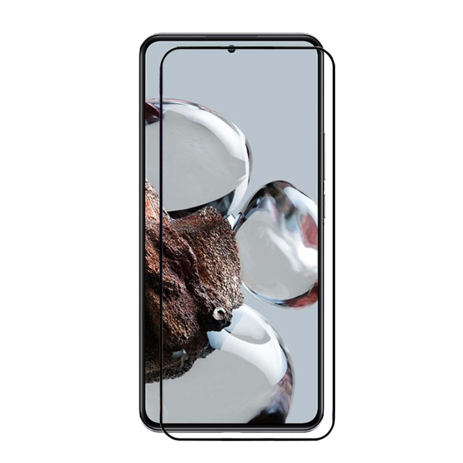Téléphone avec protecteur d'écran. Le téléphone affiche un fond bleu clair.