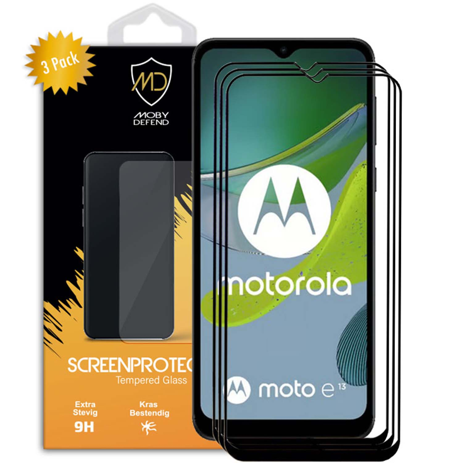 Drie schermbeschermers met telefoon en verpakking. Tekst op de verpakking zegt 'screen protect'.