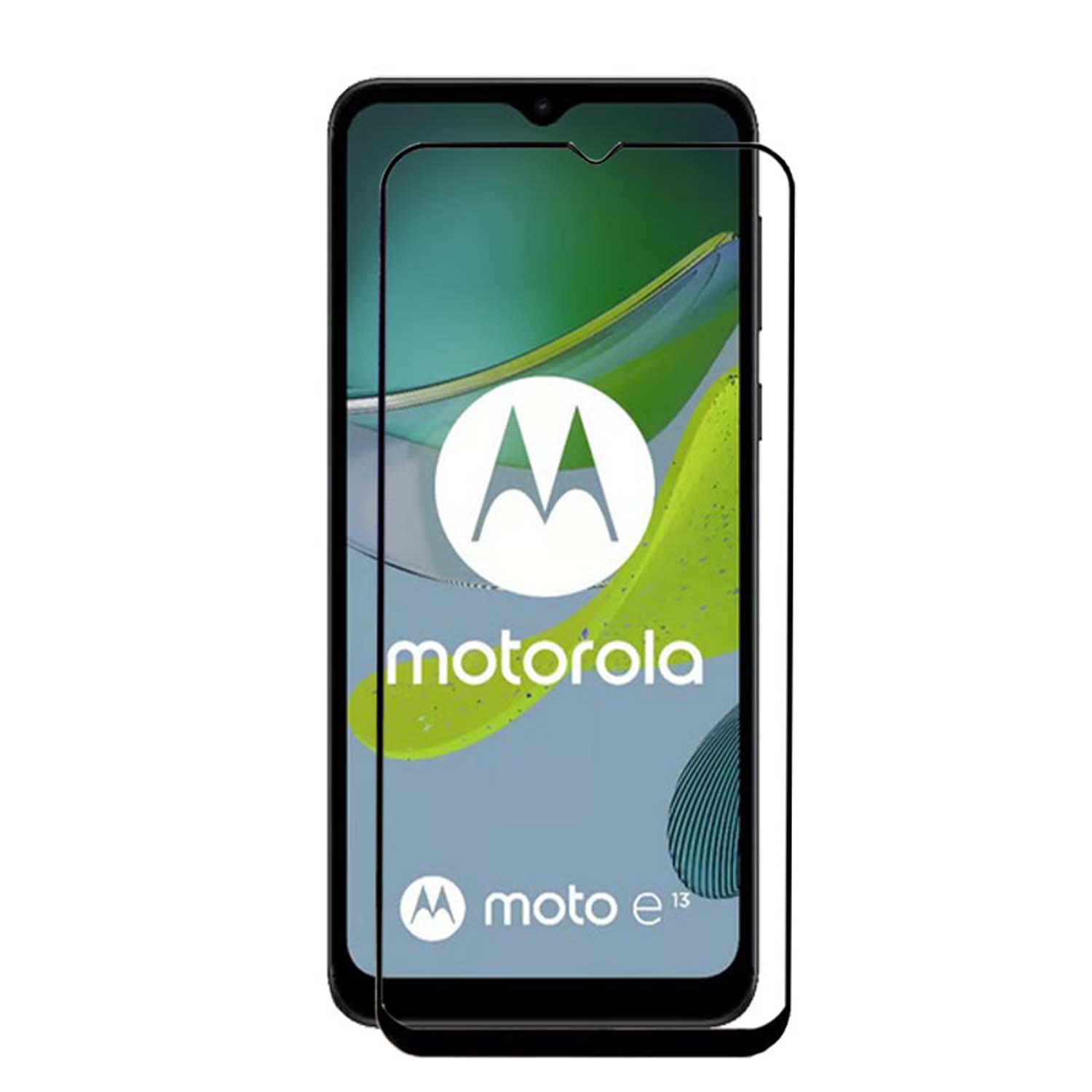 Een telefoon met een schermbeschermer. Het scherm toont het 'motorola'-logo en een groene en grijze achtergrond.