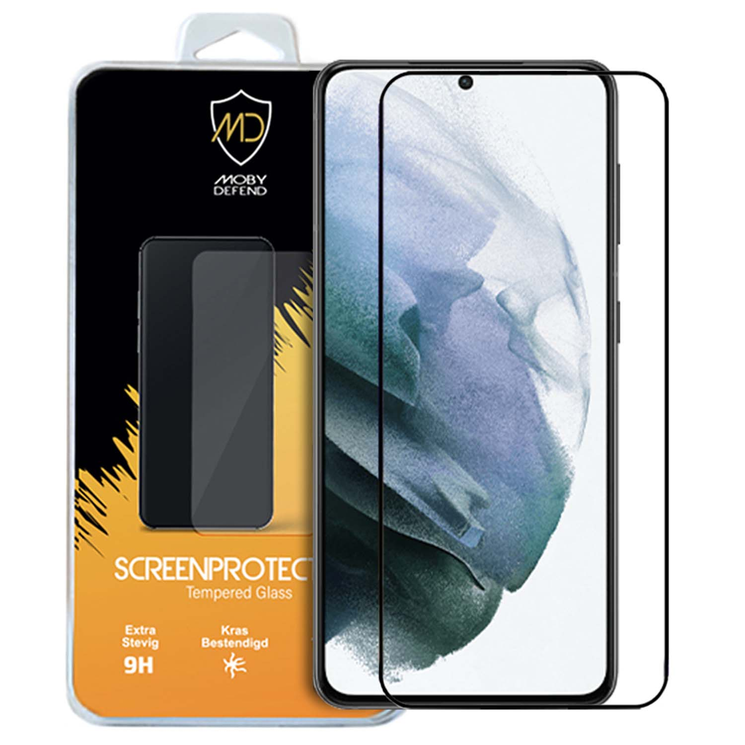 Telefoon met schermbeschermer. Doos toont beschermer en model.