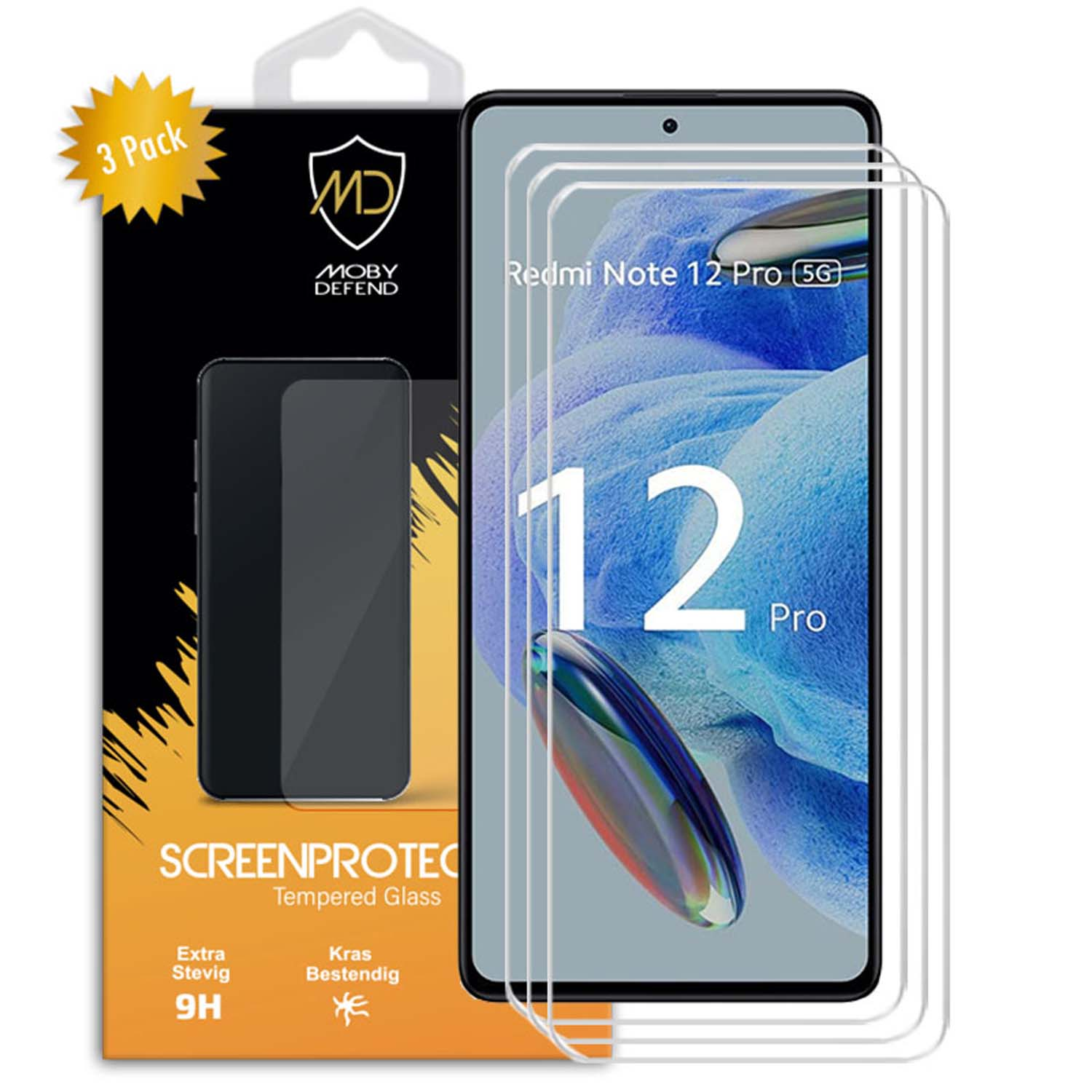 Redmi Note 12 Pro 5G screenprotectors met 3-pack en het logo van het merk op de verpakking.