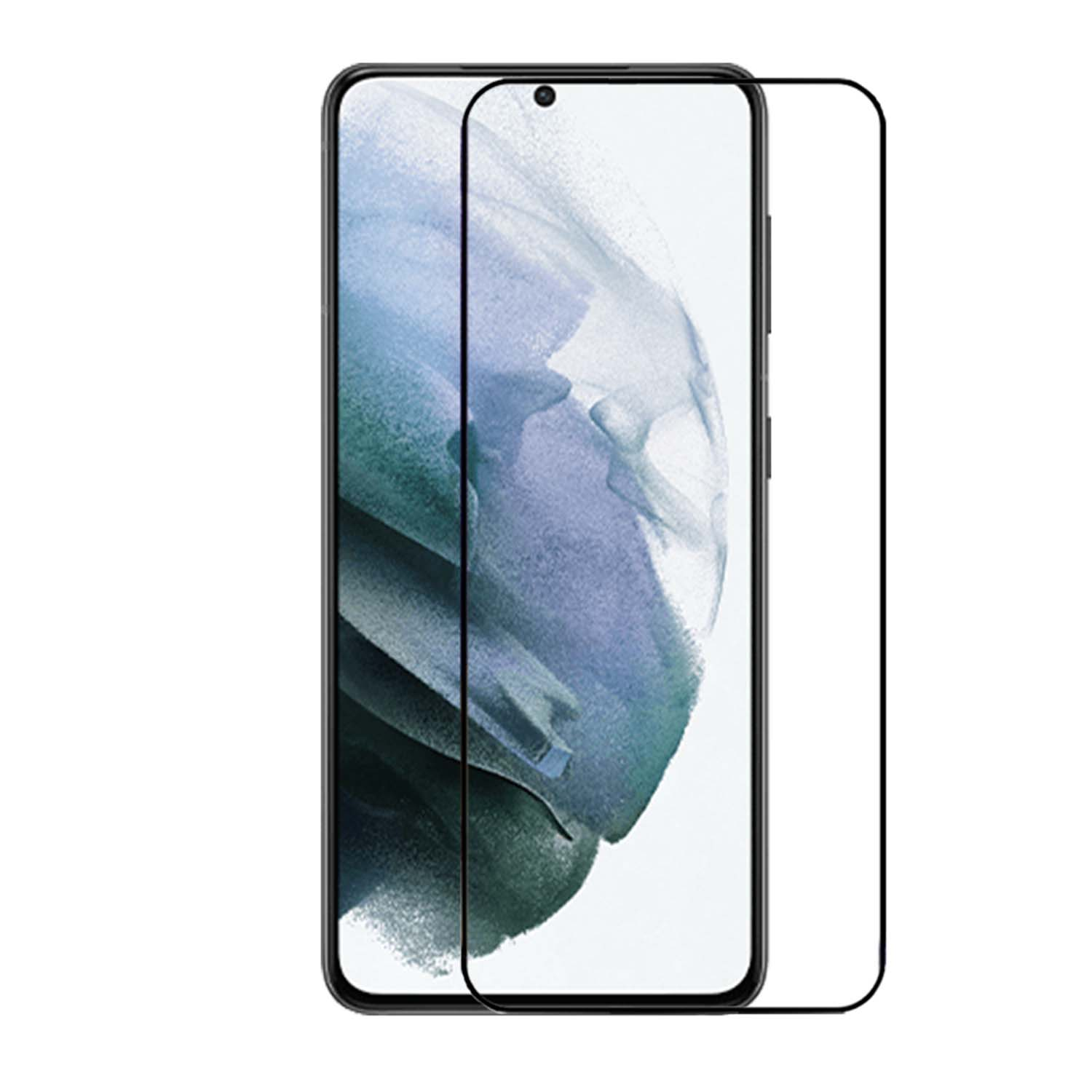 Smartphone met screenprotector. Witte achtergrond, grijze en blauwe abstracte achtergrond zichtbaar.