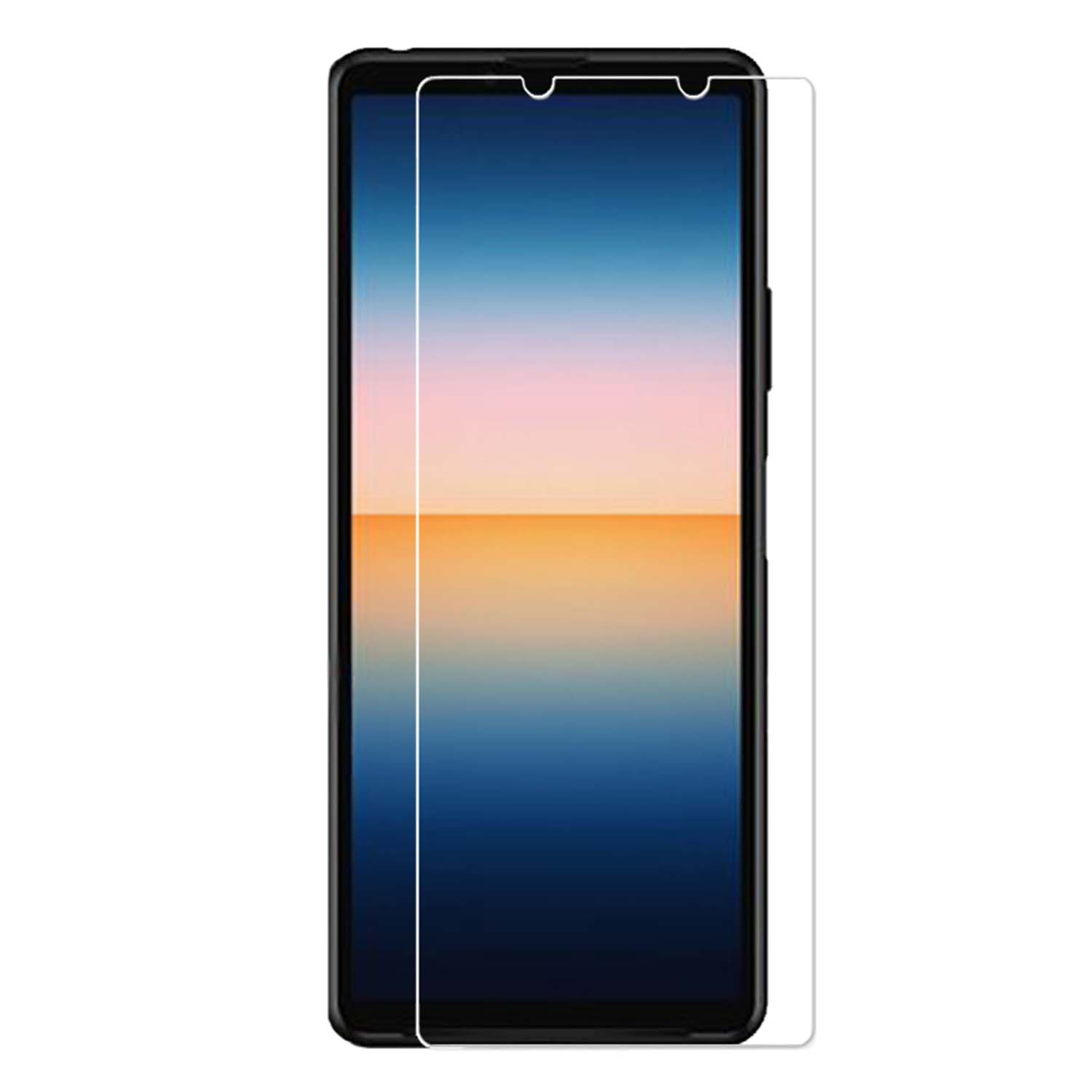 Een telefoon met een schermbeschermer. Het scherm toont een verloop van oranje en blauwe kleuren.