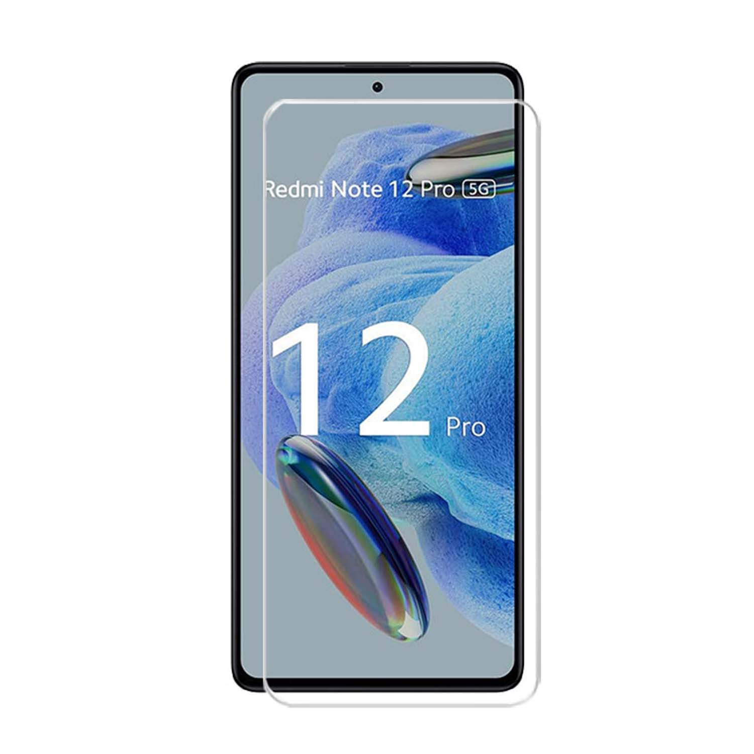 Telefoon met schermbeschermer. Telefoon toont Redmi Note 12 Pro 5G.