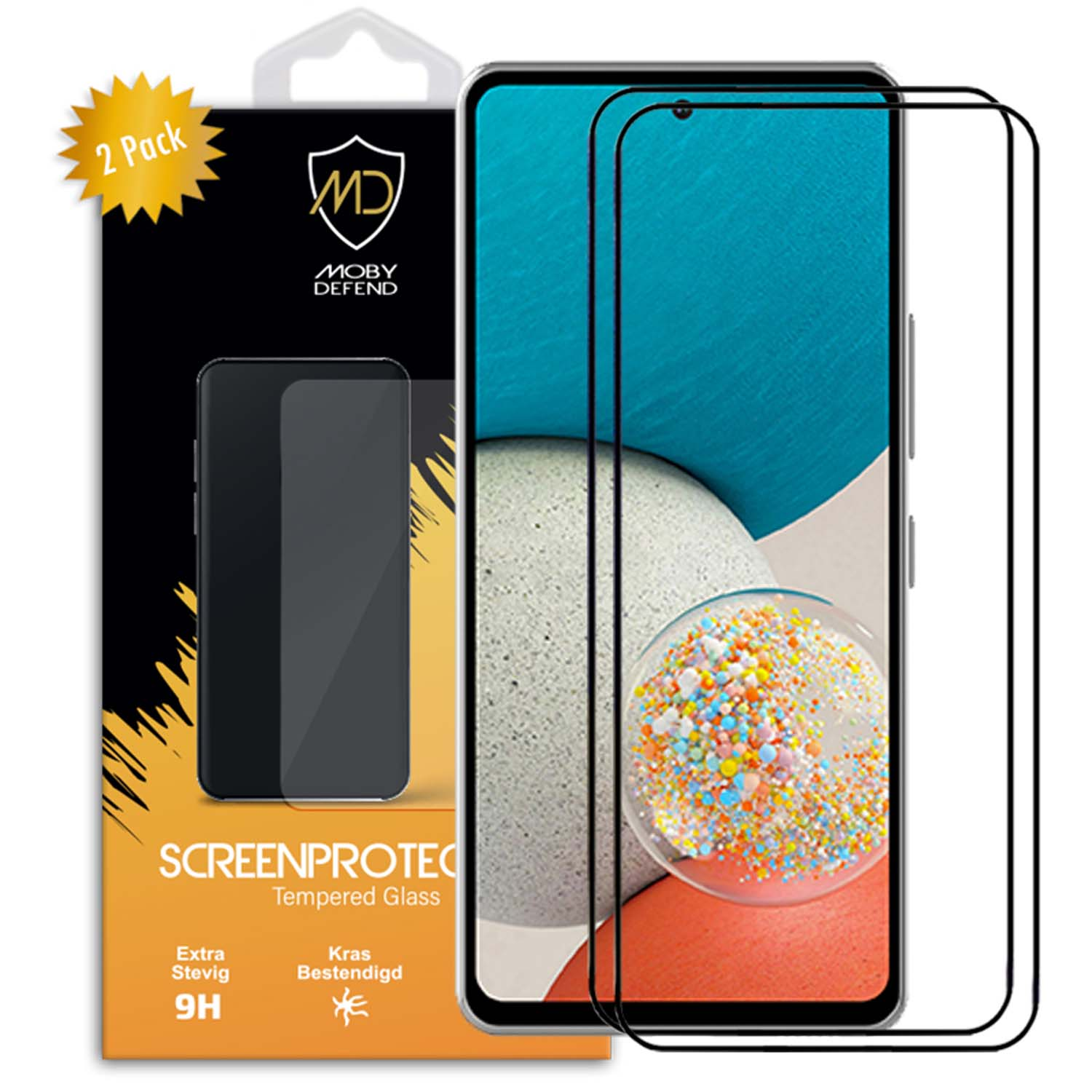 Een telefoon met schermbeschermers en verpakking. Verpakking toont 'Screenprotec' en 'Moby Defend' logo's.