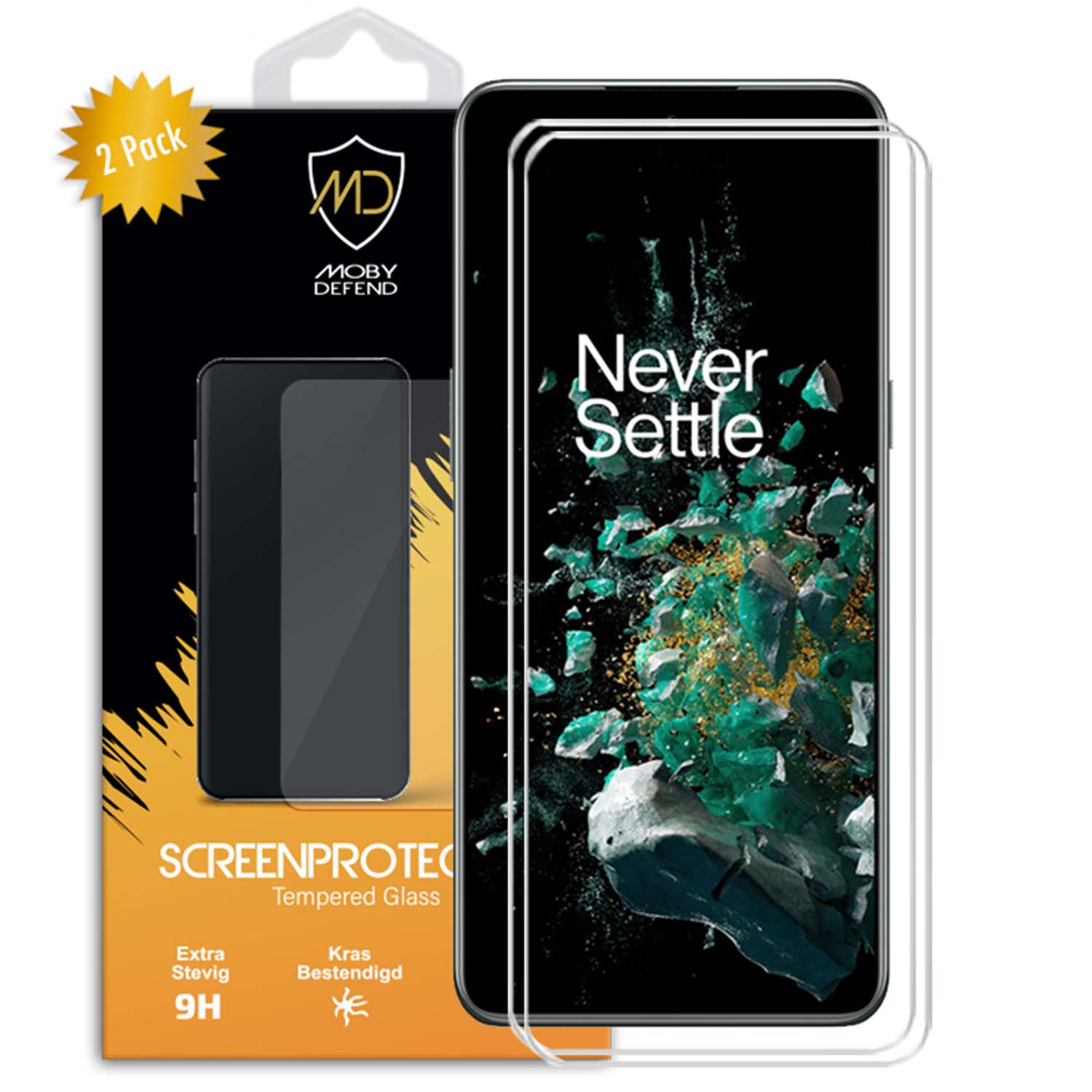 Emballage de protecteur d'écran avec deux protecteurs. Il présente un écran de téléphone avec un fond noir.