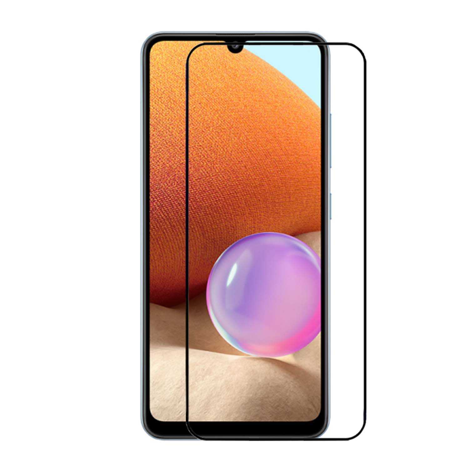 Smartphone avec protecteur d'écran. Le téléphone affiche un motif sphérique violet et orange.