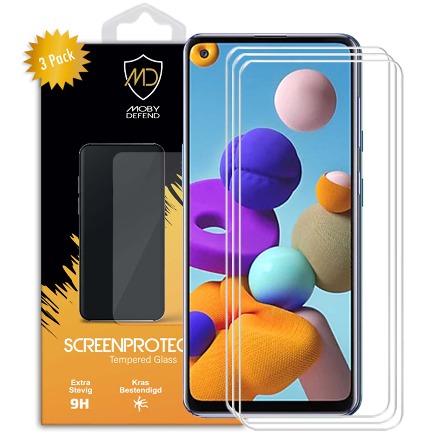 Protecteurs d'écran et téléphone. Samsung Galaxy A21s. Trois protecteurs et emballage visibles.