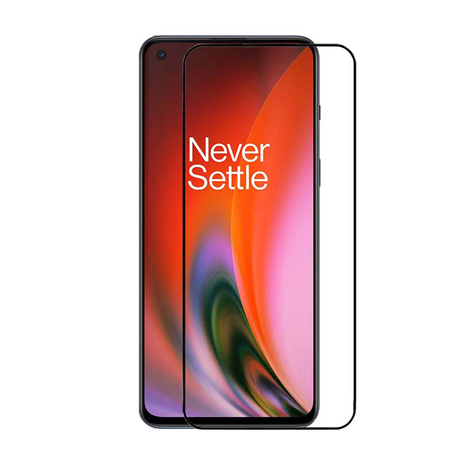 Smartphone avec protecteur d'écran. L'écran affiche 'Never Settle' sur un fond orange et rouge vif.