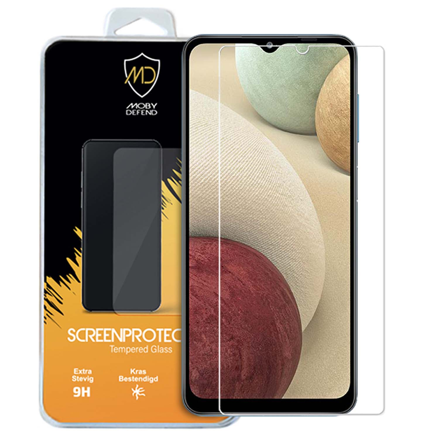 Een telefoon met een schermbeschermer. De doos zegt 'ScreenProtect'.