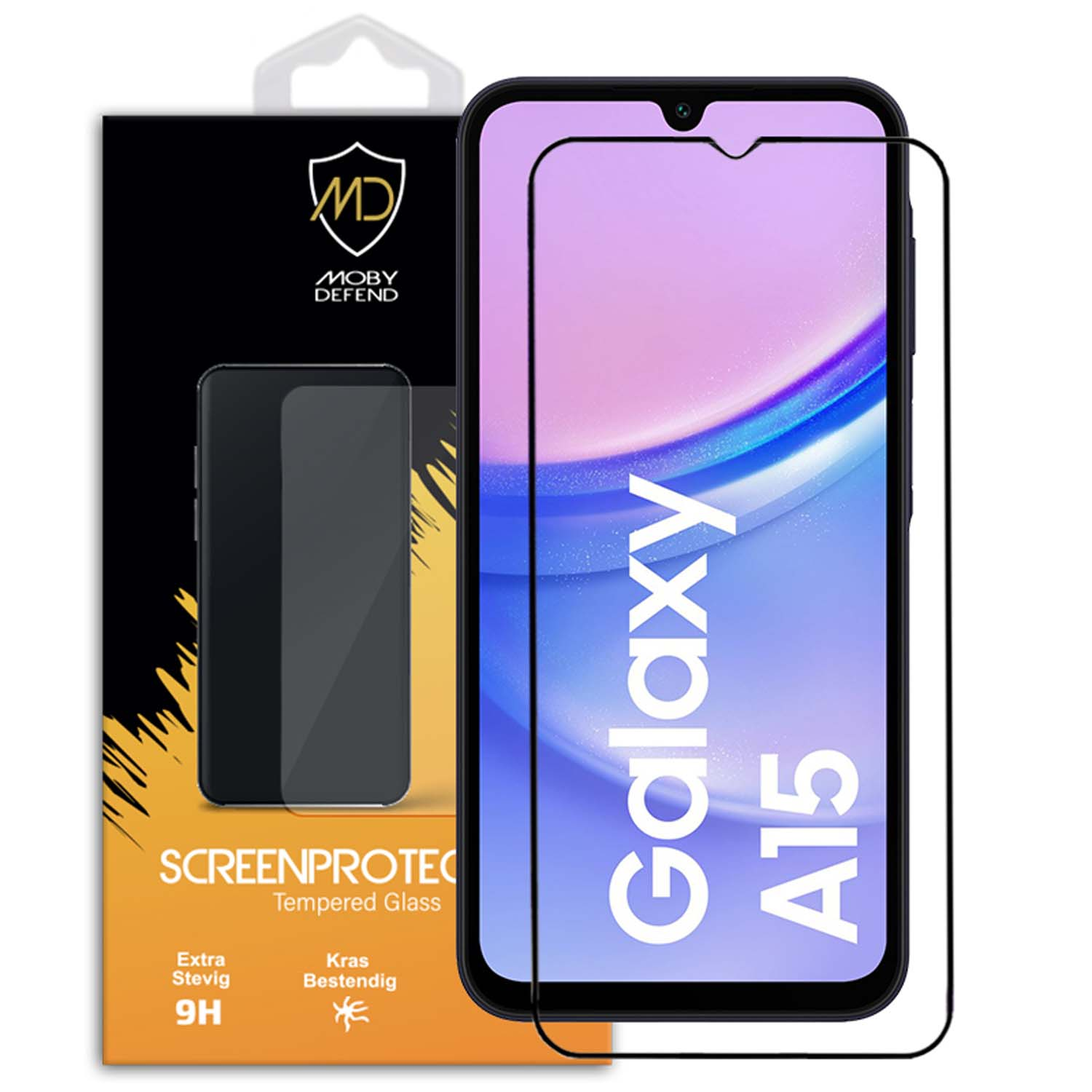 Smartphone avec protecteur d'écran. Le téléphone affiche le texte 'Galaxy A15' sur fond violet clair.