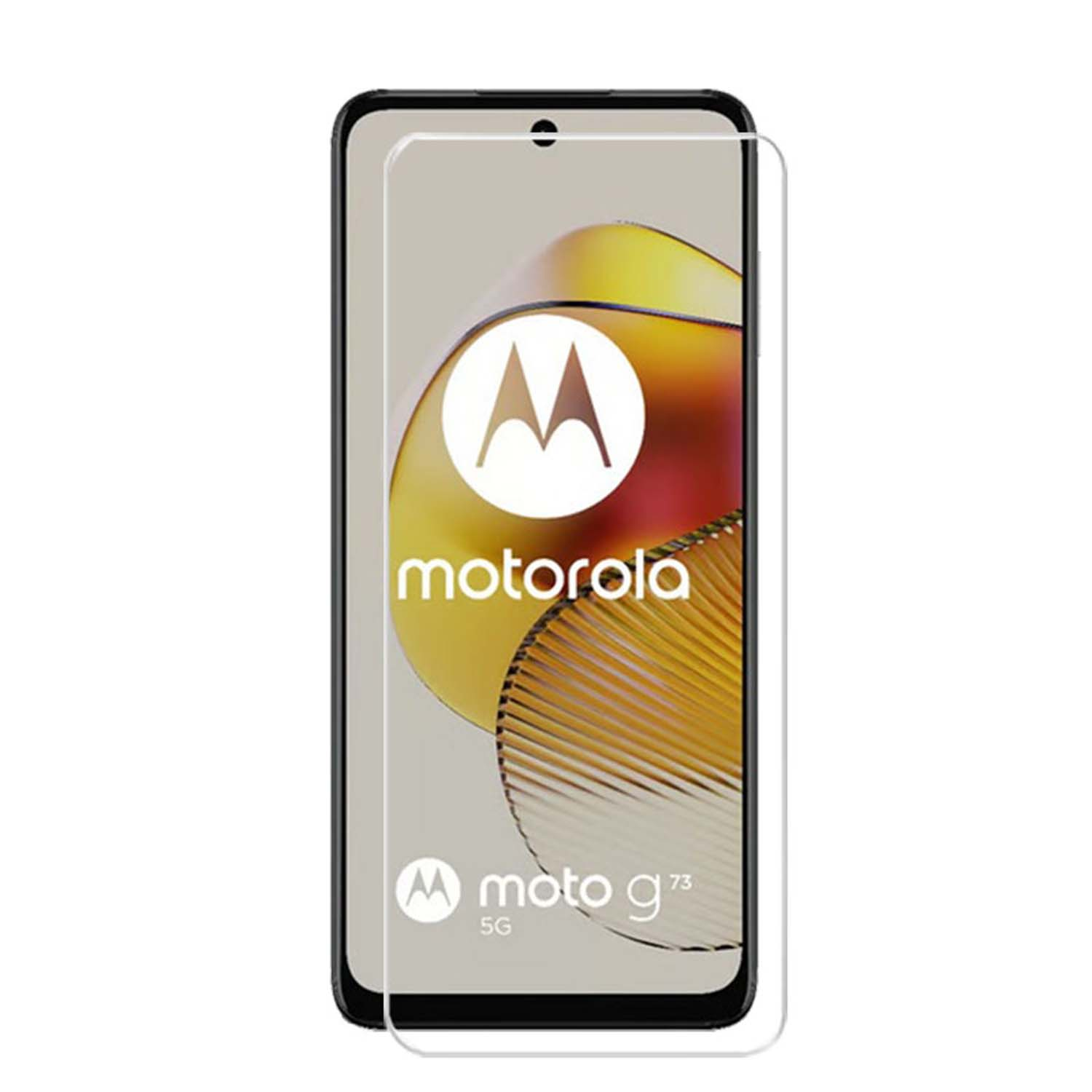 Telefoon met schermbeschermer. Scherm toont Motorola logo en Moto g73 5G.