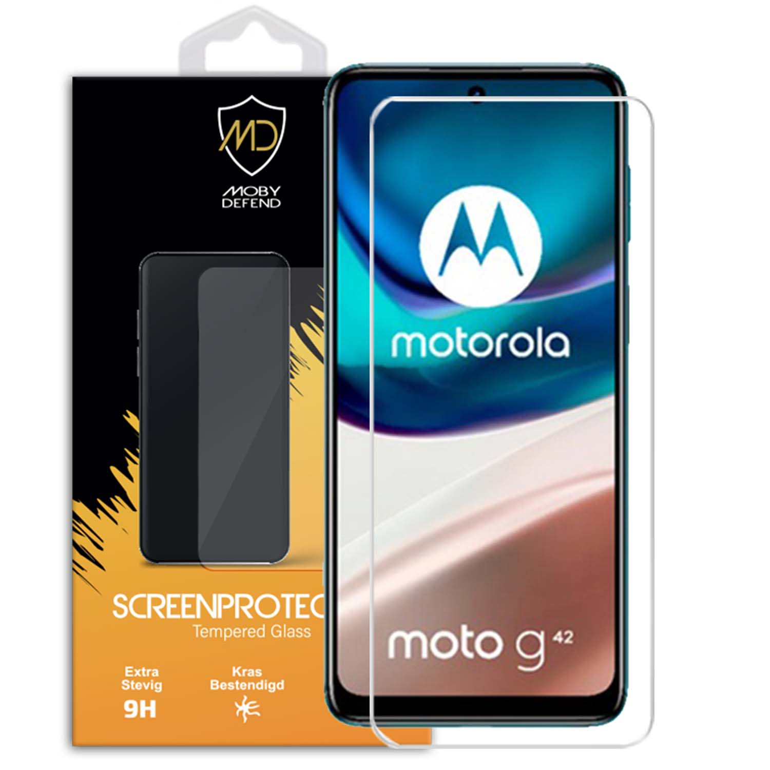 Een telefoon met schermbeschermer en verpakking. Het scherm toont het 'motorola'-logo en de tekst 'moto g42'.