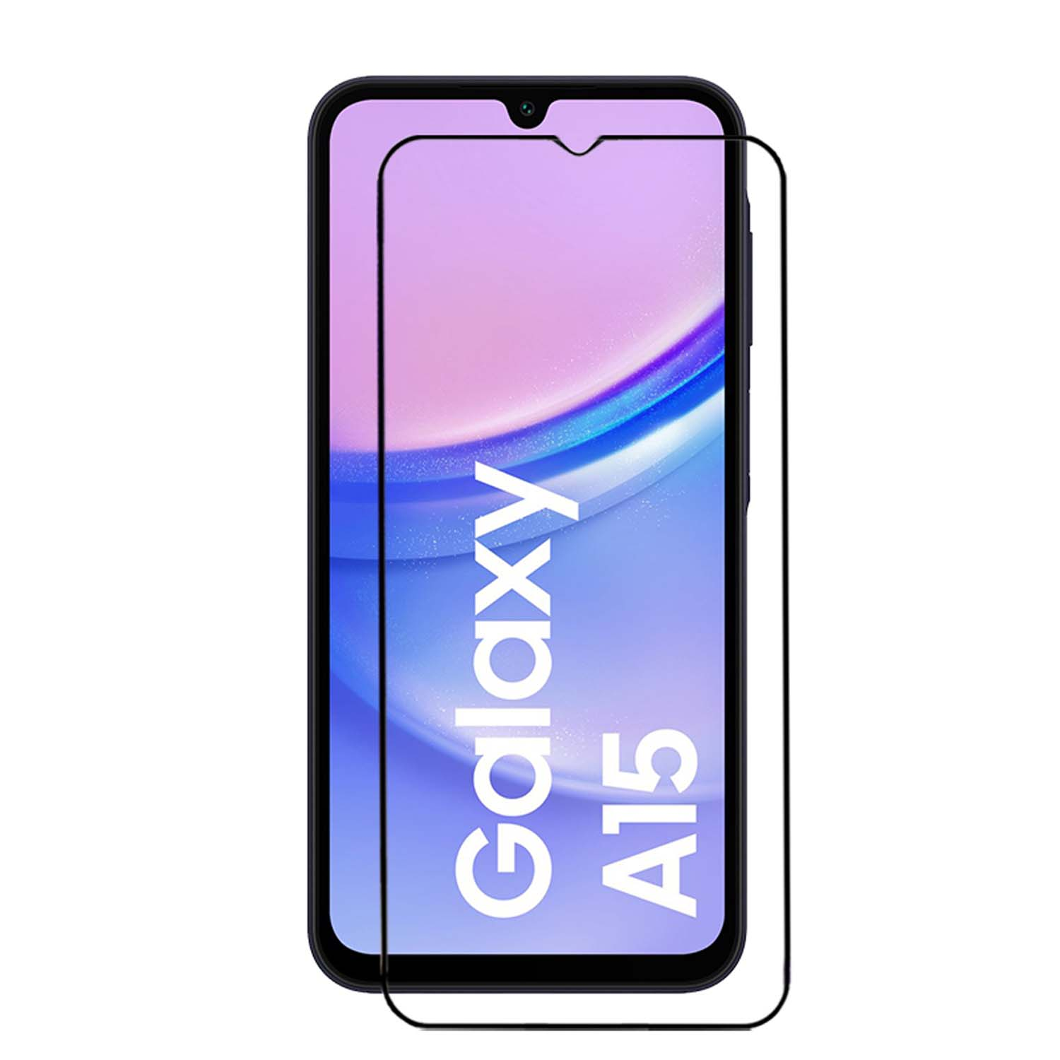 Téléphone avec protecteur d'écran. Le téléphone affiche Galaxy A15.