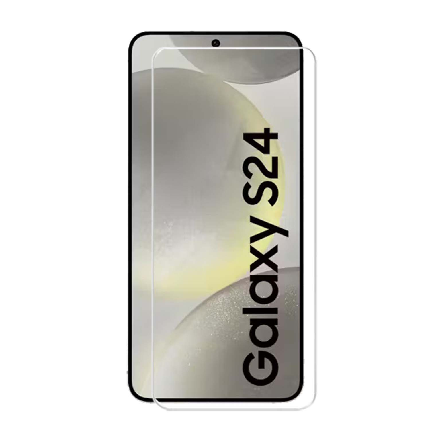 Smartphone avec protecteur d'écran. L'écran affiche 'Galaxy S24' en noir sur fond gris.
