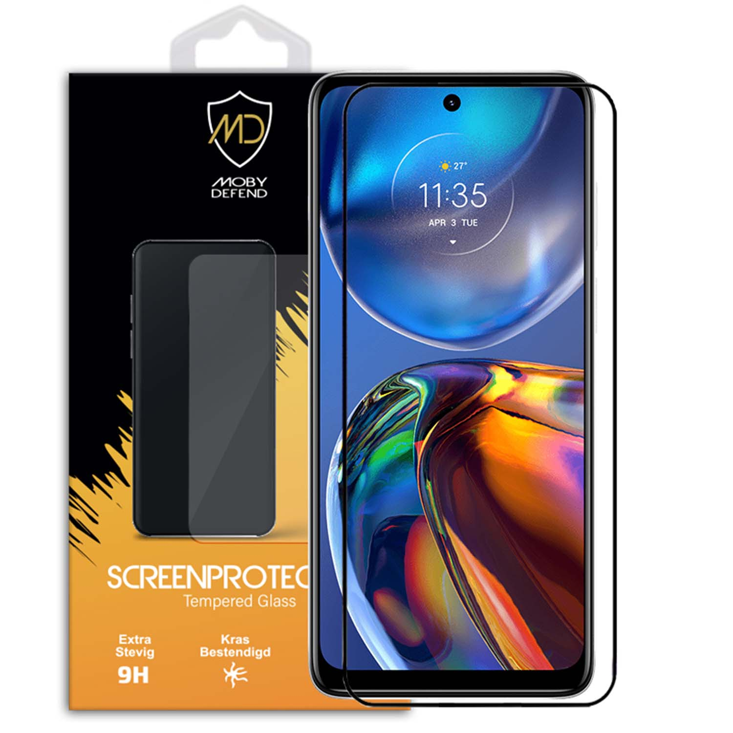 Telefoon met schermbeschermer. Scherm toont tijd en datum, blauwe achtergrond.