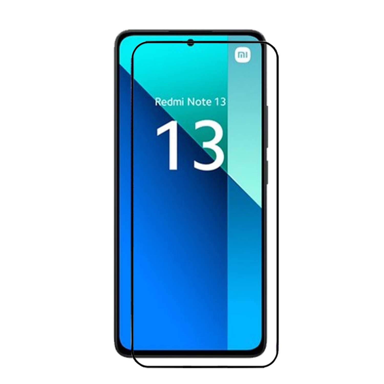Smartphone met screenprotector. Het scherm toont 'Redmi Note 13' in wit op een blauwe achtergrond.