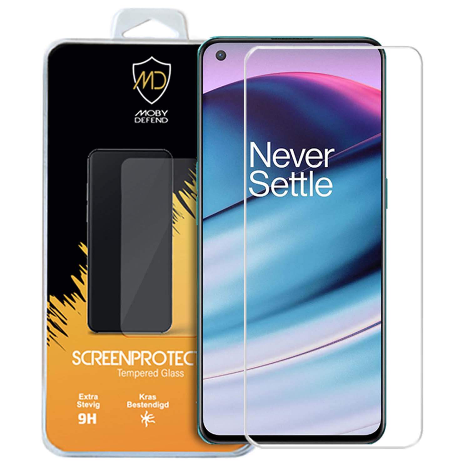 Écran de téléphone OnePlus avec texte 'Never Settle', avec protecteur et emballage Moby Defend.