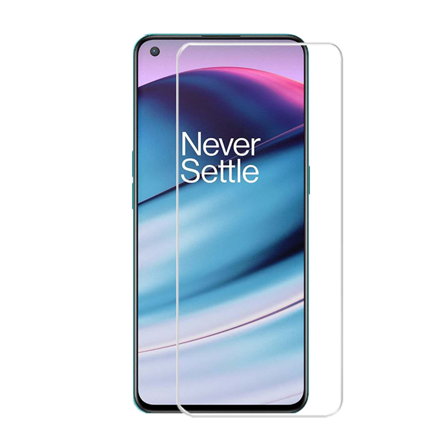Telefoon met schermbeschermer. Scherm toont een blauwe en groene abstracte achtergrond.