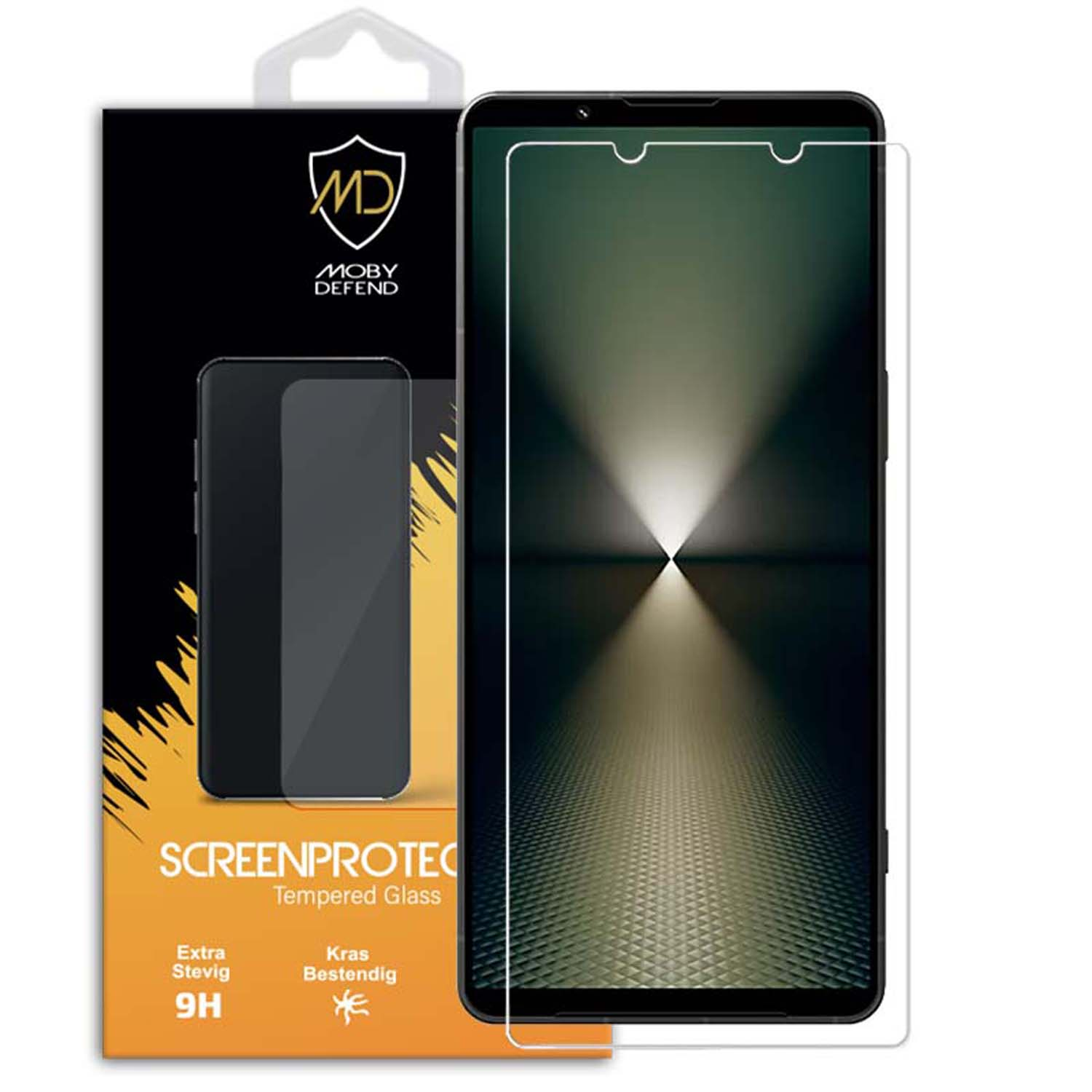 Een telefoon met schermbeschermer en verpakking. Het scherm toont een groene achtergrond met textuur.