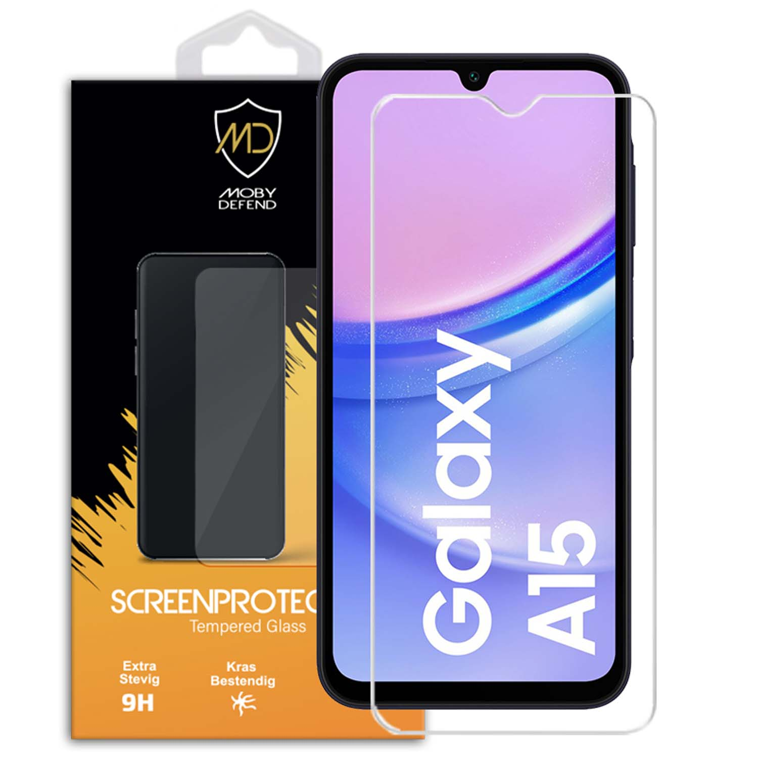 Téléphone avec texte Galaxy A15, protecteur d'écran et boîte.