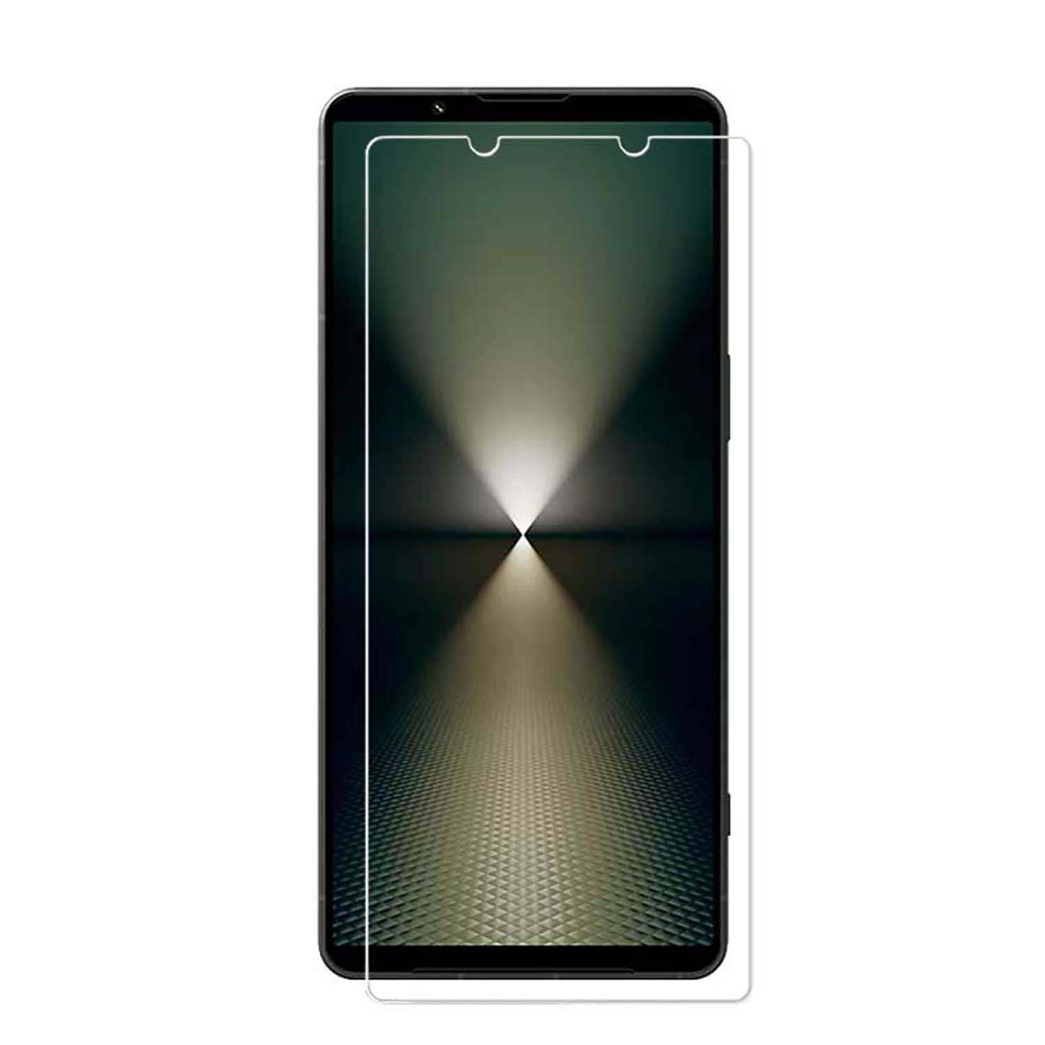Telefoon met schermbeschermer. Toont donkere achtergrond met verticale lijnen.