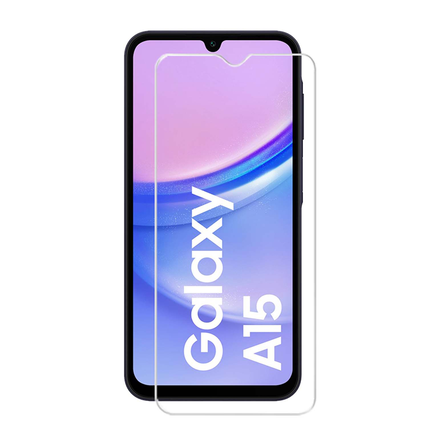 Téléphone avec protecteur d'écran. L'écran affiche Galaxy A15.