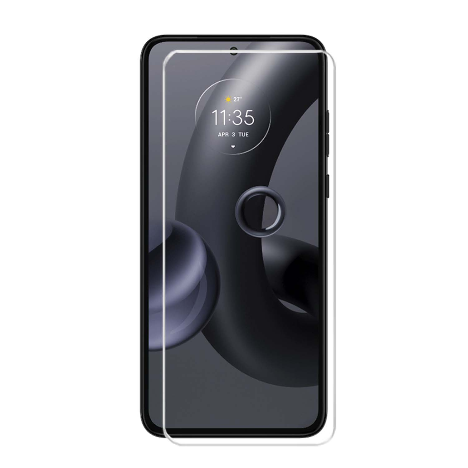 Telefoonscherm met glazen beschermer. Toont een klok en abstracte graphics.