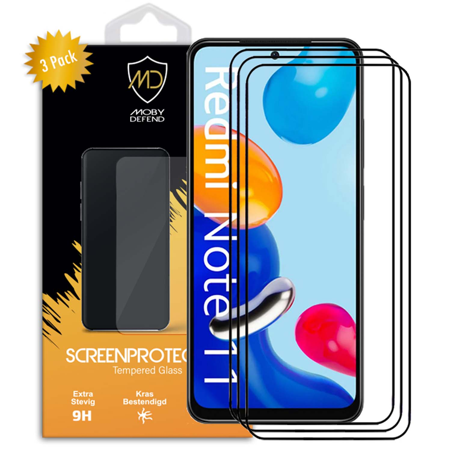 Une boîte de protection d'écran de téléphone avec un téléphone et trois protecteurs d'écran. La boîte est noire et dorée.