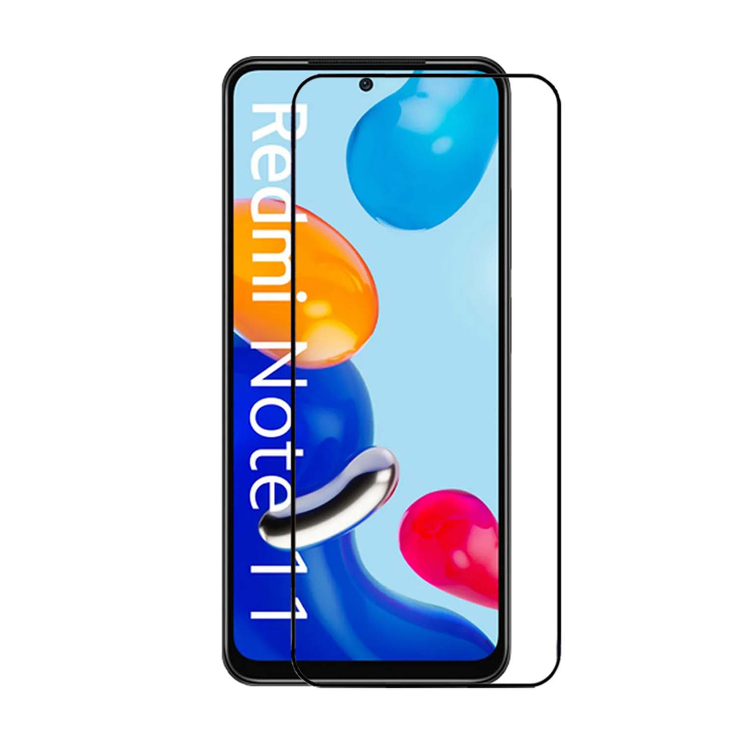 Un téléphone avec un protecteur d'écran, avec Redmi Note 11 écrit sur l'écran.