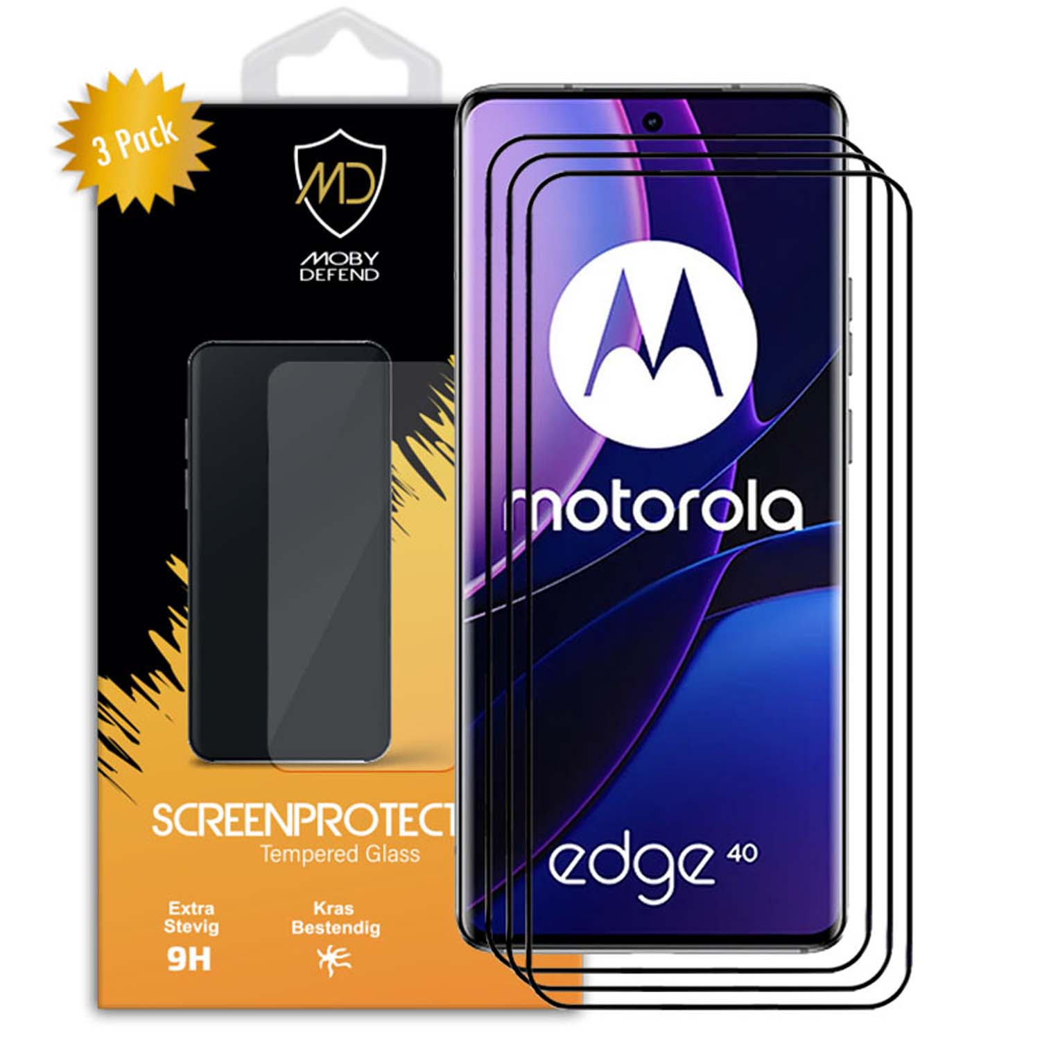 Écran de téléphone Motorola Edge 40 avec protecteurs d'écran et emballage Moby Defend.
