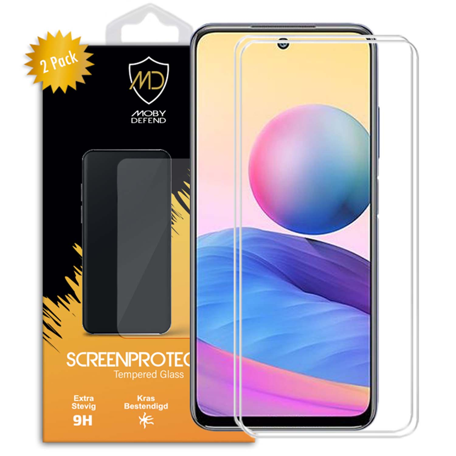 Téléphone avec protecteur d'écran, boîte avec logo et info. Pack de 2.