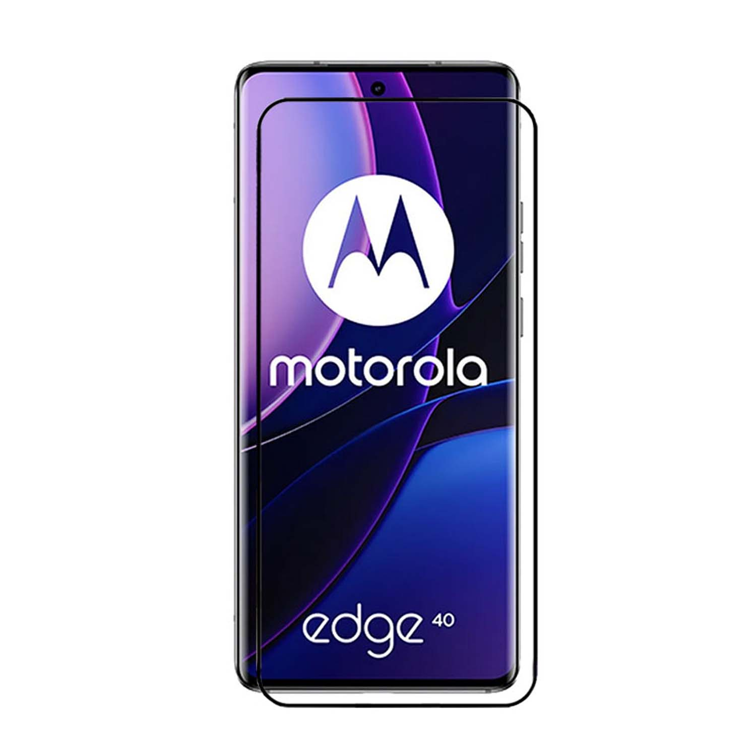 Un téléphone avec protecteur d'écran. L'écran affiche le logo 'motorola' et le texte 'edge 40'.