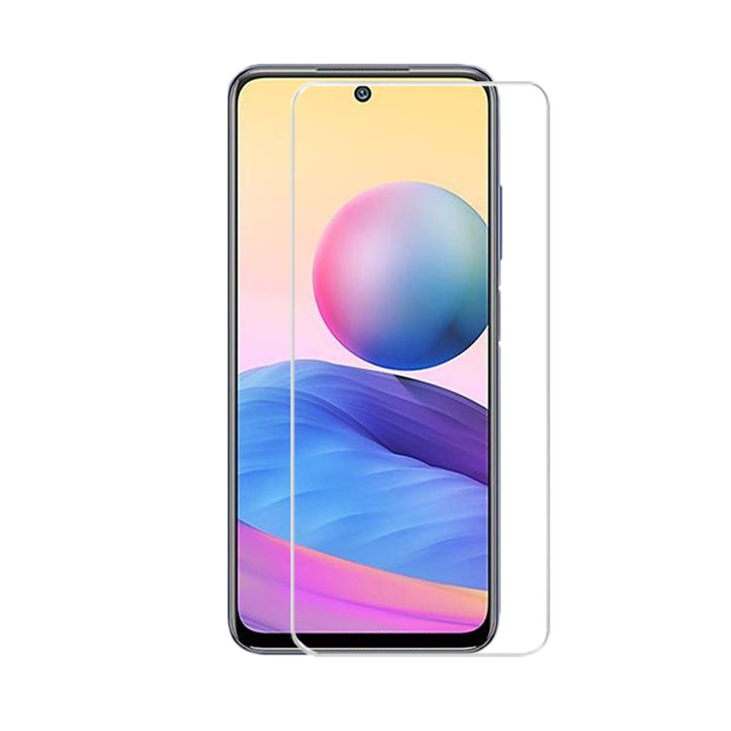 Smartphone avec protecteur d'écran. L'écran affiche un fond abstrait coloré.