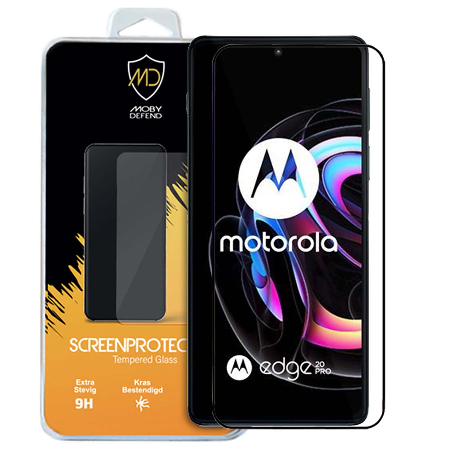 Protecteur d'écran Motorola Edge 20 Pro avec logo de la marque et image du téléphone.