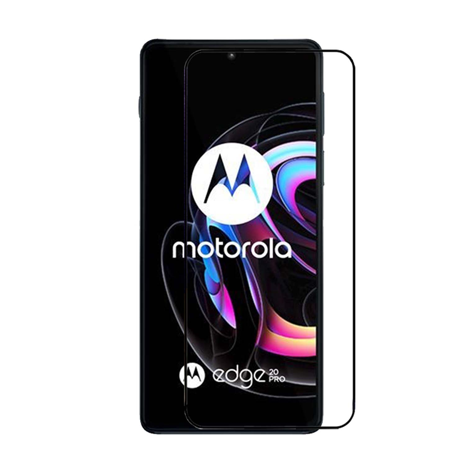 Écran du téléphone Motorola Edge 20 Pro avec protecteur, affichant le logo Motorola.