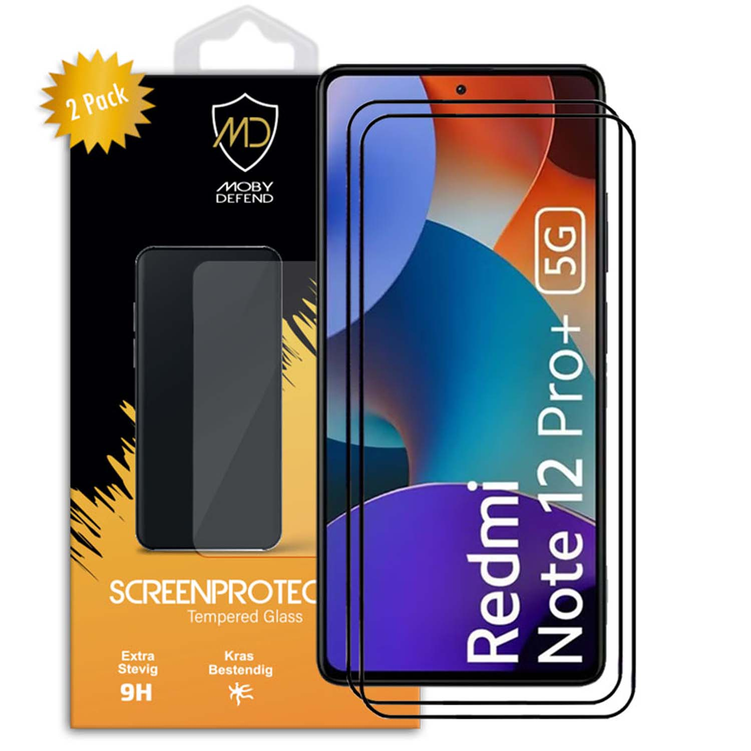 Écran de téléphone Redmi et emballage de protection d'écran. L'emballage montre le téléphone et 2 protecteurs.