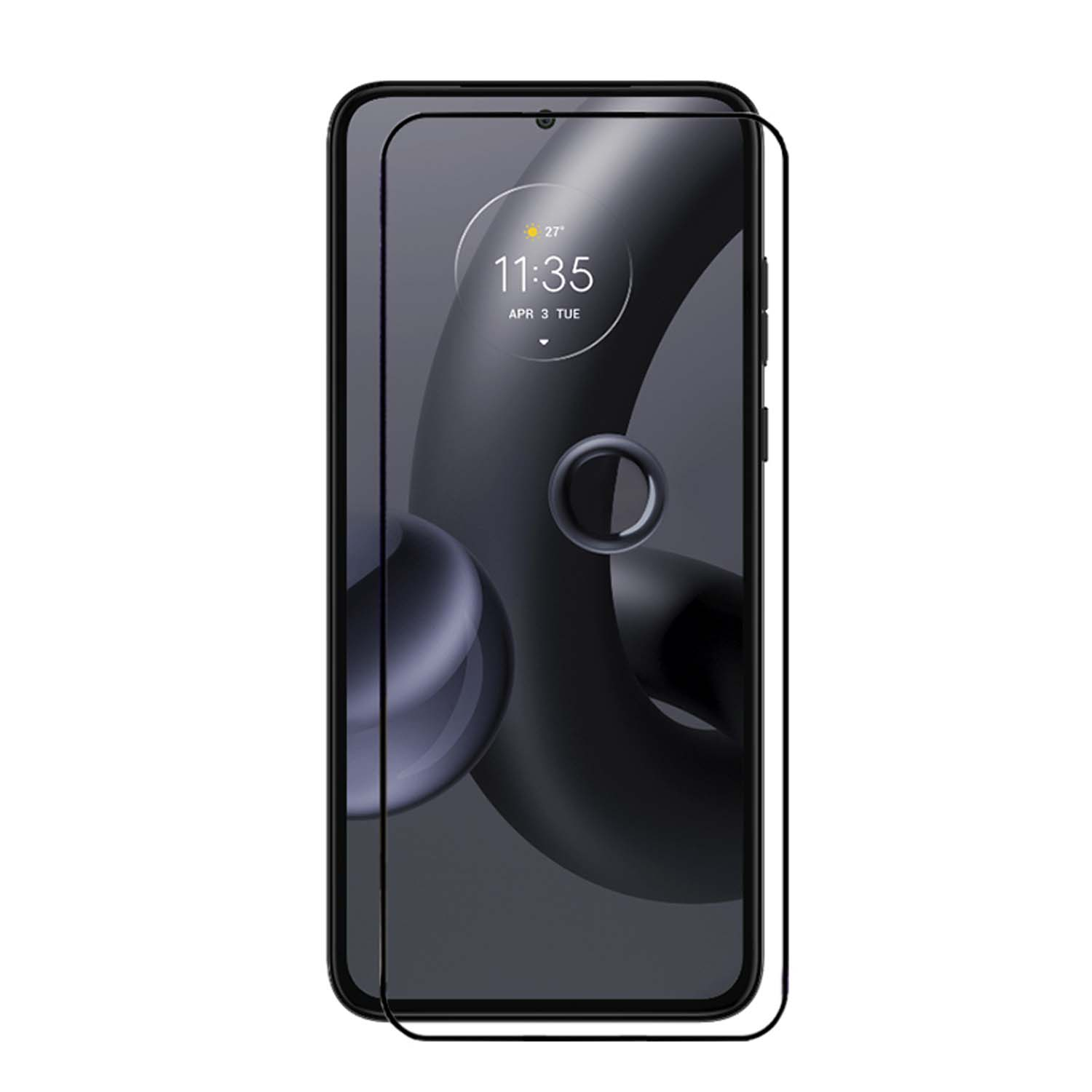 Téléphone avec protecteur d'écran. L'écran affiche l'heure et la date. Fond noir.