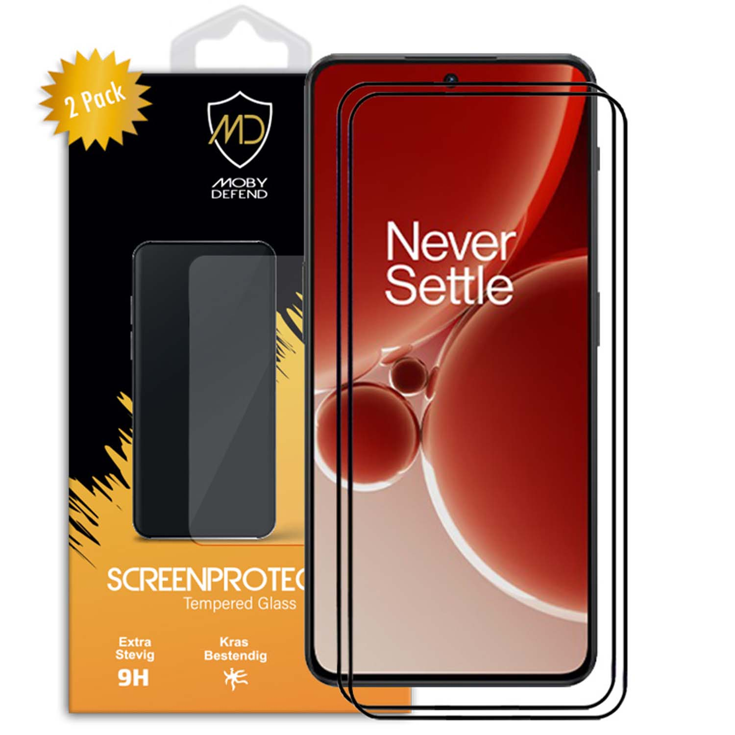 Schermbeschermers en telefoon. Oneplus 10T. Twee beschermers en verpakking zichtbaar.