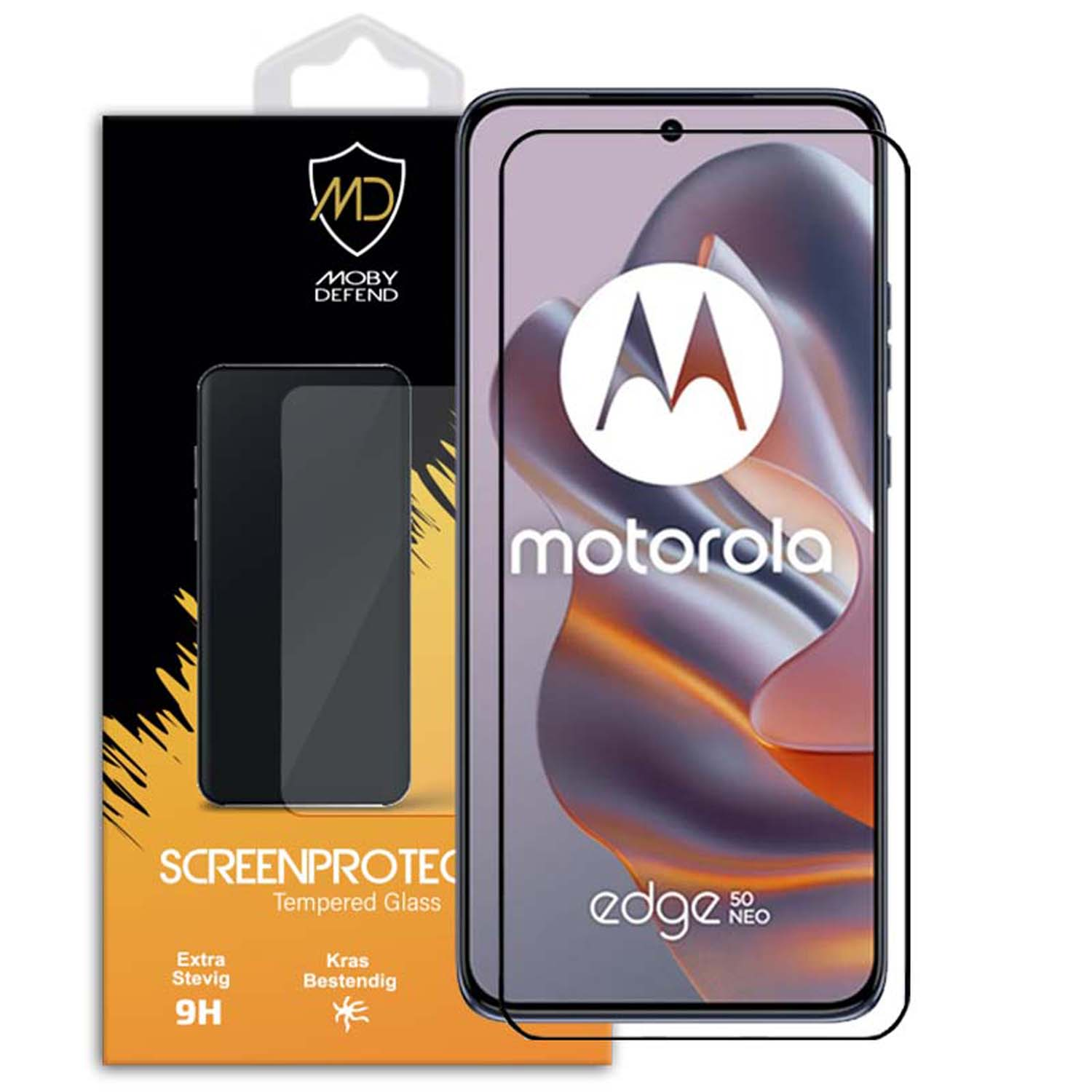 Téléphone avec protecteur d'écran. L'écran affiche Motorola Edge 30 Neo.