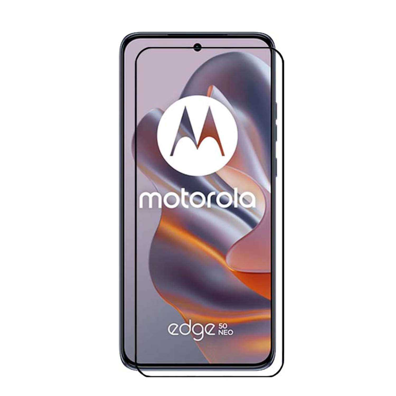 Un téléphone avec protecteur d'écran, avec Motorola Edge 50 Neo écrit dessus.