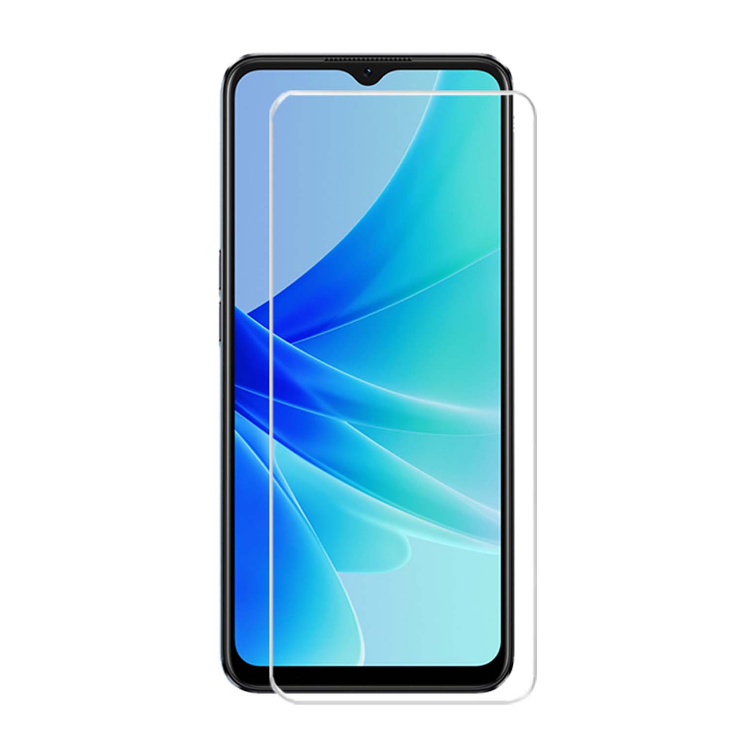 Smartphone avec protecteur d'écran. L'écran affiche un motif abstrait bleu et blanc.