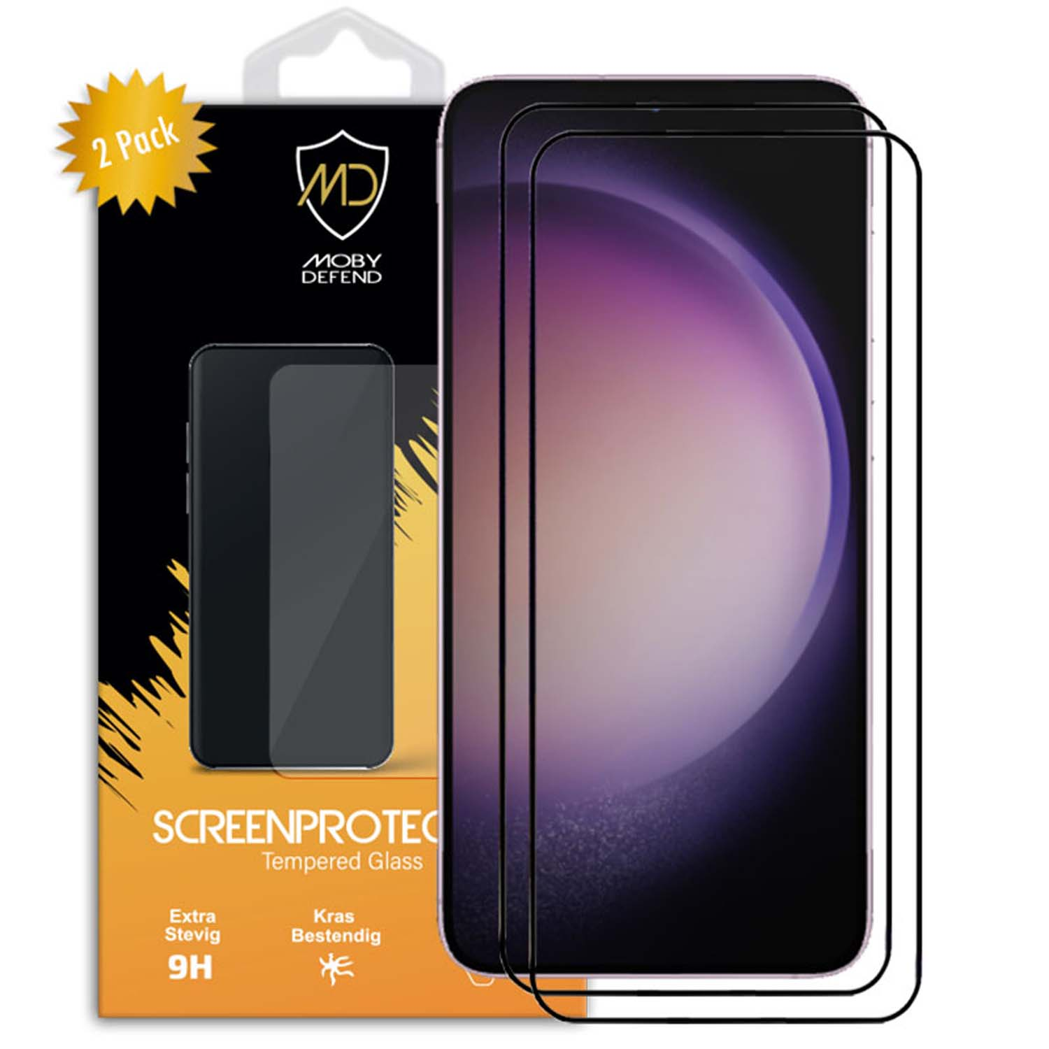 Telefoon met schermbeschermer, doos met logo en info. 2-pack.