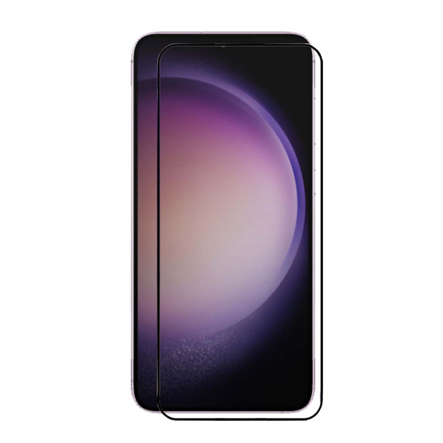 Smartphone met schermbeschermer. Het scherm toont een paarse en roze gradiënt.