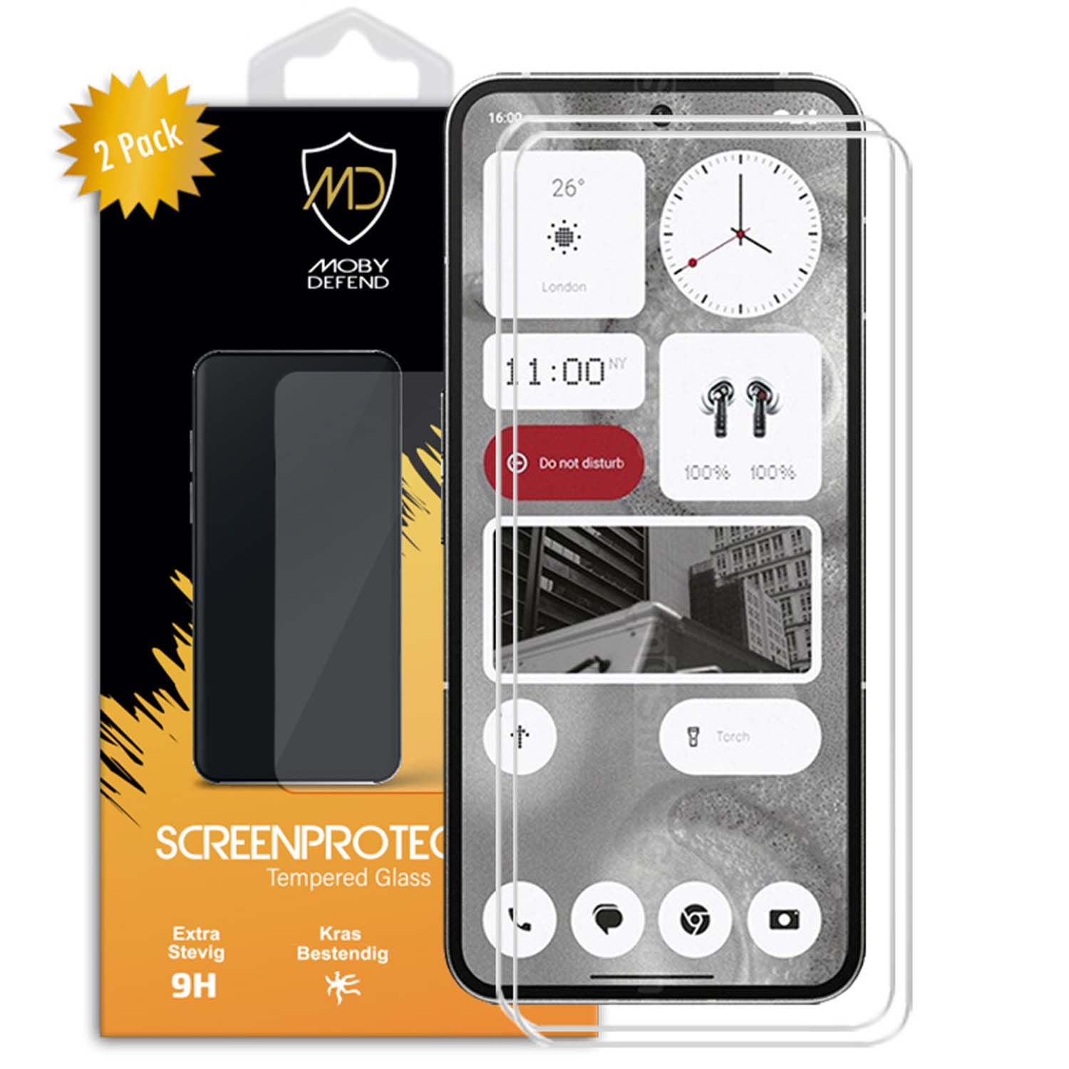 Een telefoon met schermbeschermers en verpakking. Scherm toont een telefooninterface met iconen en widgets.