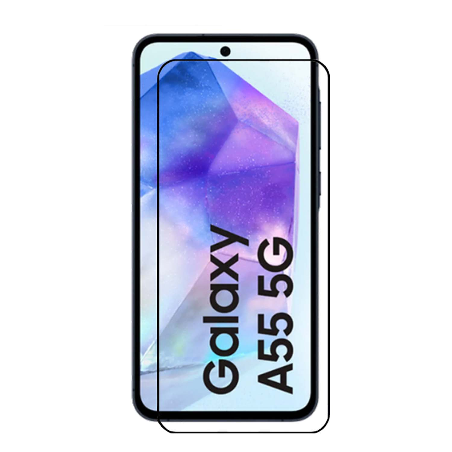 Un téléphone avec protecteur d'écran, avec Galaxy A55 5G écrit sur l'écran.